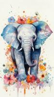 Colorful Watercolor Painting of a Delightful Baby Elephant in a Flower Field photo