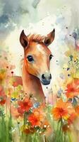 Delightful Foal in a Colorful Flower Field Watercolor Painting photo