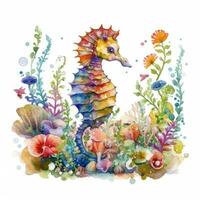 Colorful Watercolor Painting of a Delightful Baby Seahorse in a Flower Field photo