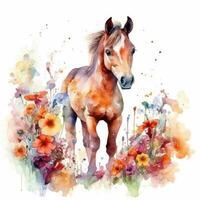 Delightful Foal in a Colorful Flower Field Watercolor Painting photo