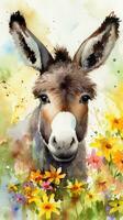 Colorful Flower Field with Delightful Donkey Foal photo