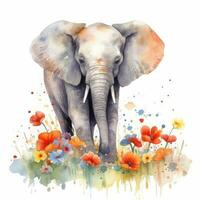 Colorful Flower Field with Delightful Baby Elephant Watercolor Painting photo