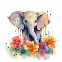 Colorful Watercolor Painting of a Delightful Baby Elephant in a Flower Field photo