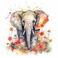 Colorful Flower Field with Delightful Baby Elephant Watercolor Painting photo