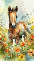 Delightful Foal in a Colorful Flower Field Watercolor Painting photo