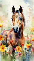 Delightful Foal in a Colorful Flower Field Watercolor Painting photo