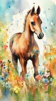 Delightful Foal in a Colorful Flower Field Watercolor Painting photo