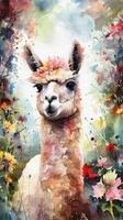 Enchanting Alpaca Cria in a Colorful Flower Field for Art Prints and Greetings Generative AI photo