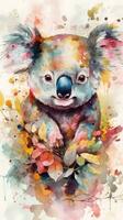 Enchanting Baby Koala in a Colorful Flower Field Watercolor Painting photo