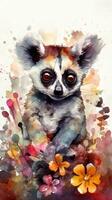 Enchanting Baby Lemur in a Colorful Flower Field for Art Prints and Greetings Generative AI photo