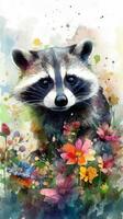 Enchanting Baby Raccoon in a Colorful Flower Field photo