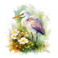 Endearing Baby Egret in a Colorful Flower Field Watercolor Painting photo