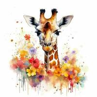 Enchanting Baby Giraffe in a Colorful Flower Field Watercolor Painting photo