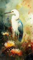 Colorful Flower Field with Endearing Baby Egret Watercolor Painting photo