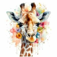 Enchanting Baby Giraffe in a Colorful Flower Field Watercolor Painting photo