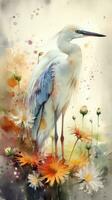 Endearing Baby Egret in a Colorful Flower Field Watercolor Painting photo