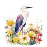 Endearing Baby Egret in a Colorful Flower Field Watercolor Painting photo