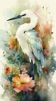 Colorful Flower Field with Endearing Baby Egret Watercolor Painting photo