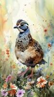 Adorable Baby Quail in a Colorful Watercolor Flower Field photo