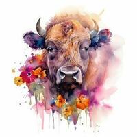 Adorable Baby Buffalo in a Colorful Flower Field Watercolor Painting photo