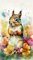 Adorable Baby Squirrel in a Colorful Flower Field Watercolor Painting photo