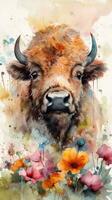 Adorable Baby Buffalo in a Colorful Flower Field Watercolor Painting photo