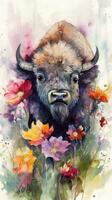 Adorable Baby Buffalo in a Colorful Flower Field Watercolor Painting photo