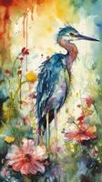 Colorful Flower Field with Engaging Baby Heron Watercolor Painting photo