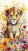 Colorful Flower Field with an Engaging Baby Lion Watercolor Painting photo