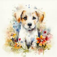 Endearing Puppy in a Colorful Flower Field Watercolor Painting photo