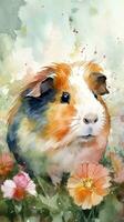 Irresistible Guinea Pig in a Colorful Flower Field Watercolor Painting photo