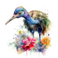Colorful Watercolor Painting of a Lovable Baby Cassowary in a Flower Field photo