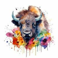 Adorable Baby Buffalo in a Colorful Flower Field Watercolor Painting photo