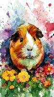 Irresistible Guinea Pig in a Colorful Flower Field Watercolor Painting photo