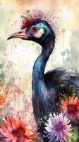 Colorful Watercolor Painting of a Lovable Baby Cassowary in a Flower Field photo