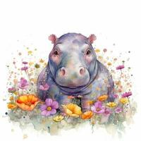 Adorable Baby Hippo in a Colorful Flower Field Watercolor Painting photo