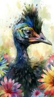 Lovable Baby Cassowary in a Colorful Flower Field for Art Prints and Greetings Generative AI photo