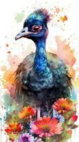 Colorful Watercolor Painting of a Lovable Baby Cassowary in a Flower Field photo