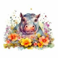 Adorable Baby Hippo in a Colorful Flower Field Watercolor Painting photo