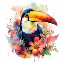 Colorful Watercolor Painting of a Cute Baby Toucan in a Flower Field for Art Prints and Greetings photo