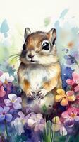 Colorful Watercolor Painting of a Cute Baby Chipmunk in a Flower Field photo