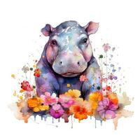 Adorable Baby Hippo in a Colorful Flower Field Watercolor Painting photo