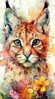 Colorful Flower Field with Lovable Baby Lynx Watercolor Painting photo