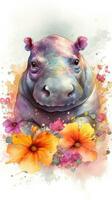 Adorable Baby Hippo in a Colorful Flower Field Watercolor Painting photo
