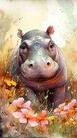 Adorable Baby Hippo in a Colorful Flower Field Watercolor Painting photo