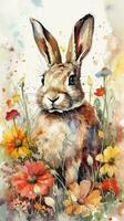 Lovable Bunny in a Colorful Flower Field Watercolor Painting for Art Prints and Greeting Cards photo