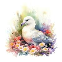 Colorful Flower Field with Sweet Baby Albatross Watercolor Painting photo