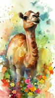 vistoso flor campo con dulce bebé camello acuarela pintura foto