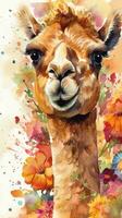 Colorful Flower Field with Sweet Baby Camel Watercolor Painting photo