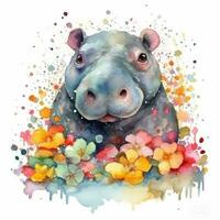 Adorable Baby Hippo in a Colorful Flower Field Watercolor Painting photo
